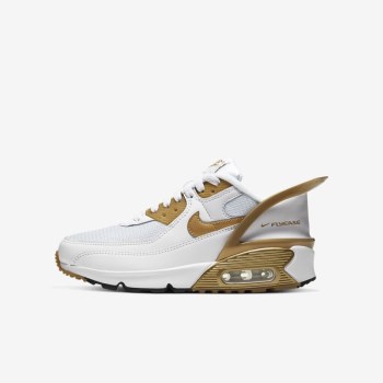 Nike Air Max 90 FlyEase - Nagyobb Gyerek Utcai Cipő - Fehér/Fehér/Fekete/Metal Arany